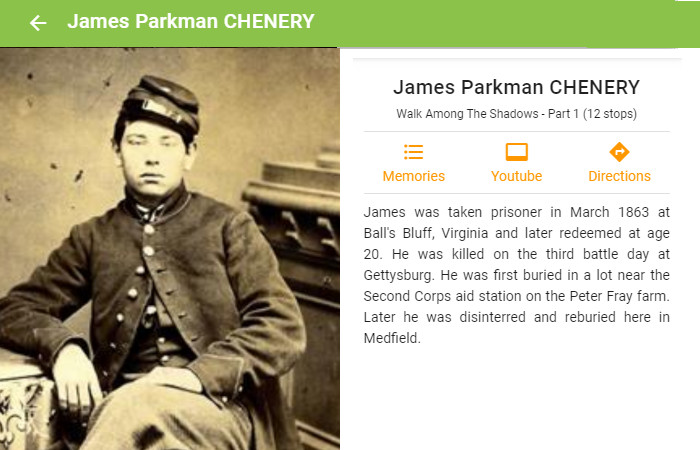Example of information about each person buried at Vine Lake Cemetery. Information on James Parkman Chenery.