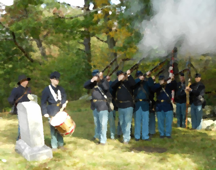 Watercolor of men shooting rifles at gravesite